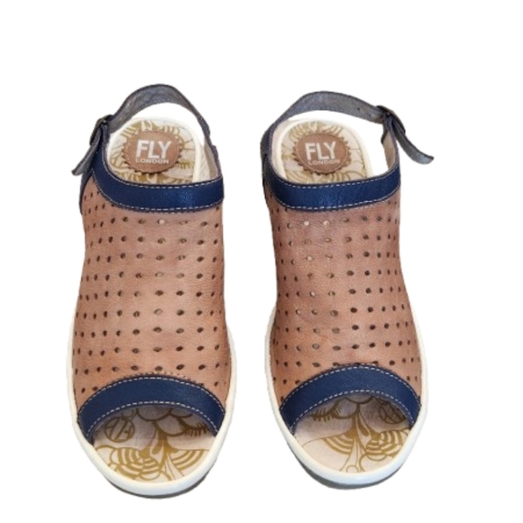 Fly London Yuti Wedge Peep Toe Perforated Sandal Suede ,Tan/Navy ,38 US Womens 7 - Picture 10 of 10